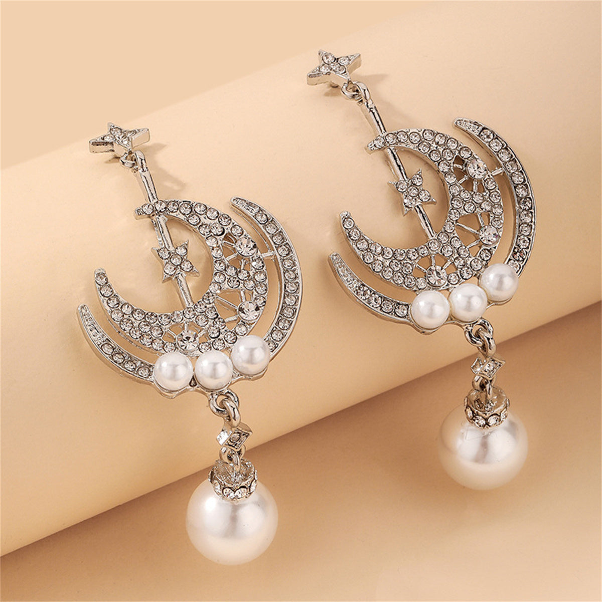 Cubic Zirconia & Pearl Silver-Plated Celestial Star Drop Earrings