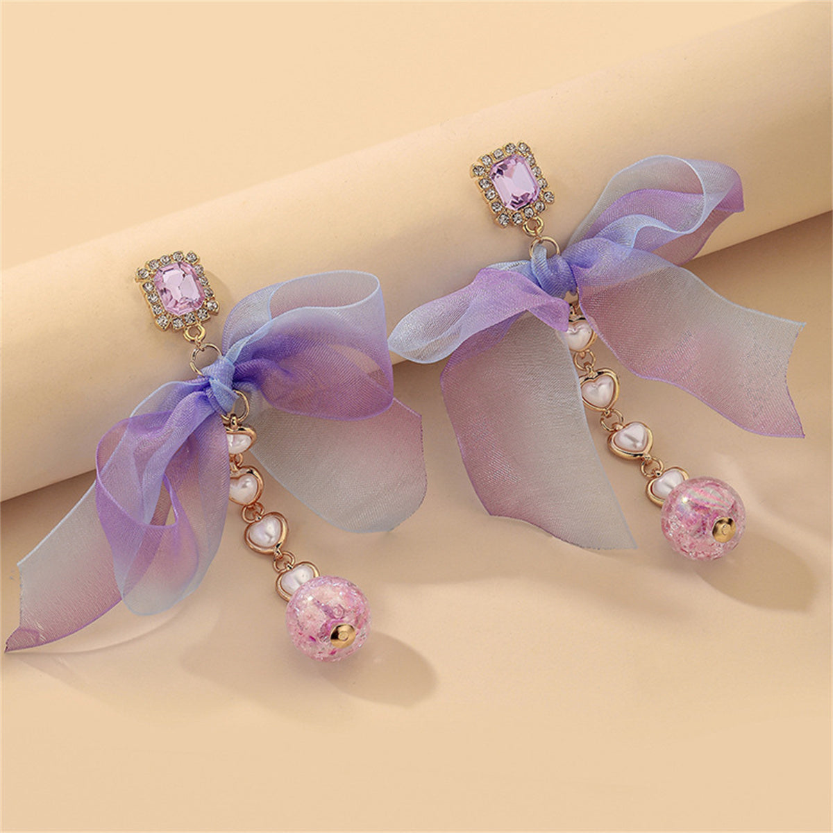 Pearl & Pink Crystal 18K Gold-Plated Bow Drop Earrings