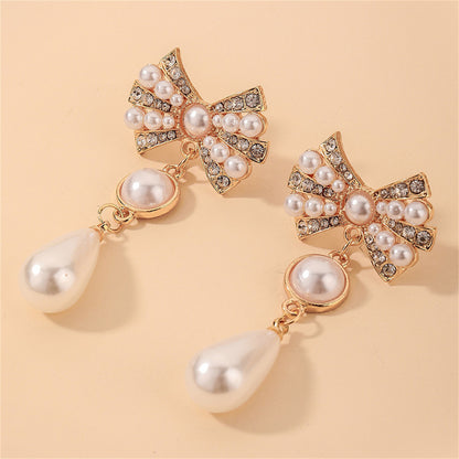 White Cubic Zirconia and Pearl 18K Gold-Plated Bow Drop Earrings, gold drop earrings for women, detail close-up