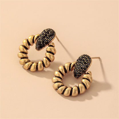 Black Cubic Zirconia and 18K Gold-Plated Twisted Circle Earrings, gold drop earrings for women, everyday style, side view