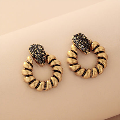 Black Cubic Zirconia and 18K Gold-Plated Twisted Circle Earrings, gold drop earrings for women, detail close-up