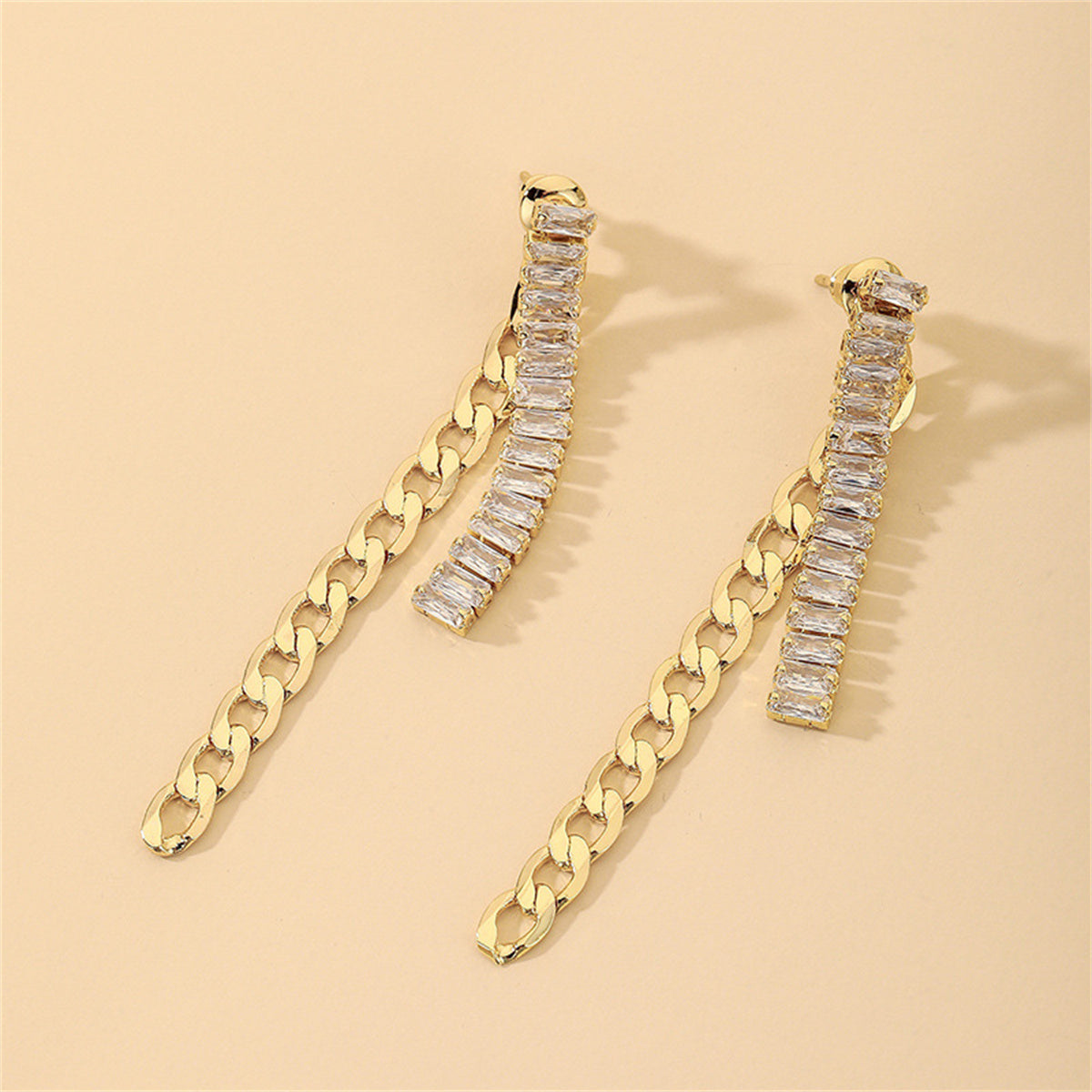 Crystal and 18K Gold-Plated Wheat Chain Ear Jackets, gold drop earrings for women, vintage-inspired design, detail close-up
