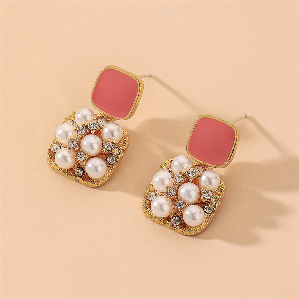 Pink Enamel and Pearl Cubic Zirconia-Accent Cushion Drop Earrings, drop earrings for women, elegant gift for her, side view