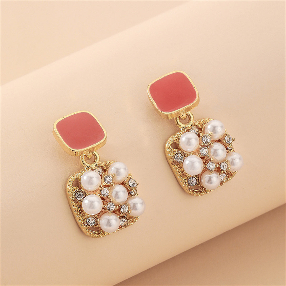 Pink Enamel and Pearl Cubic Zirconia-Accent Cushion Drop Earrings, drop earrings for women, detail close-up
