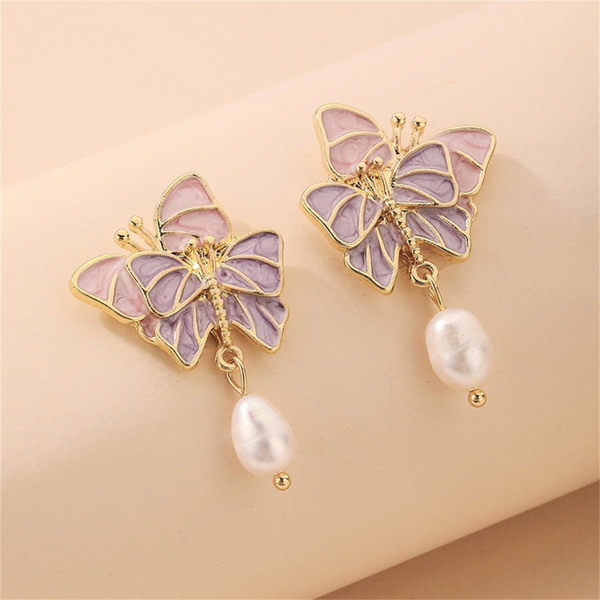 Pearl and Enamel Pastel Tiered Butterfly Drop Earrings, drop earrings for women, dainty minimalist design, side view