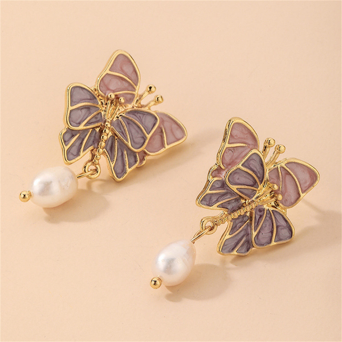 Pearl and Enamel Pastel Tiered Butterfly Drop Earrings, drop earrings for women, dainty minimalist design, detail close-up
