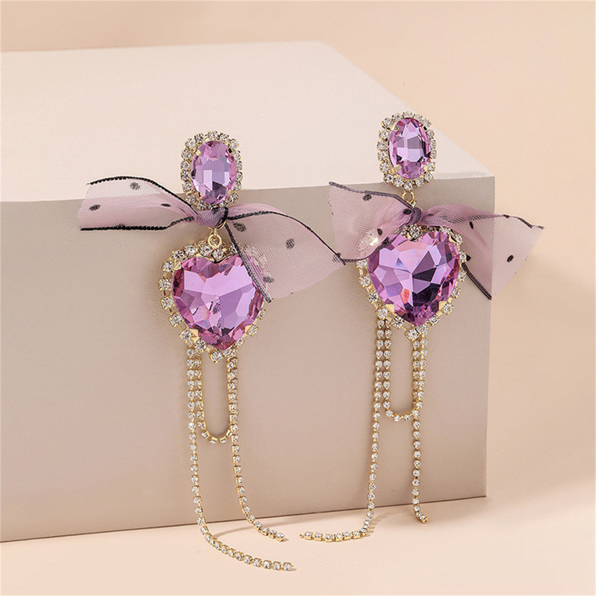 Pink Crystal and Cubic Zirconia Heart Bow Drop Earrings, drop earrings for women, botanical inspired, side view