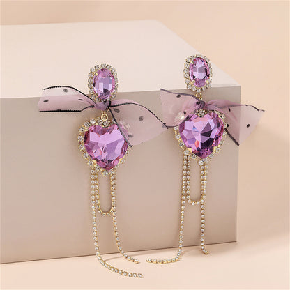Pink Crystal and Cubic Zirconia Heart Bow Drop Earrings, drop earrings for women, botanical inspired, side view