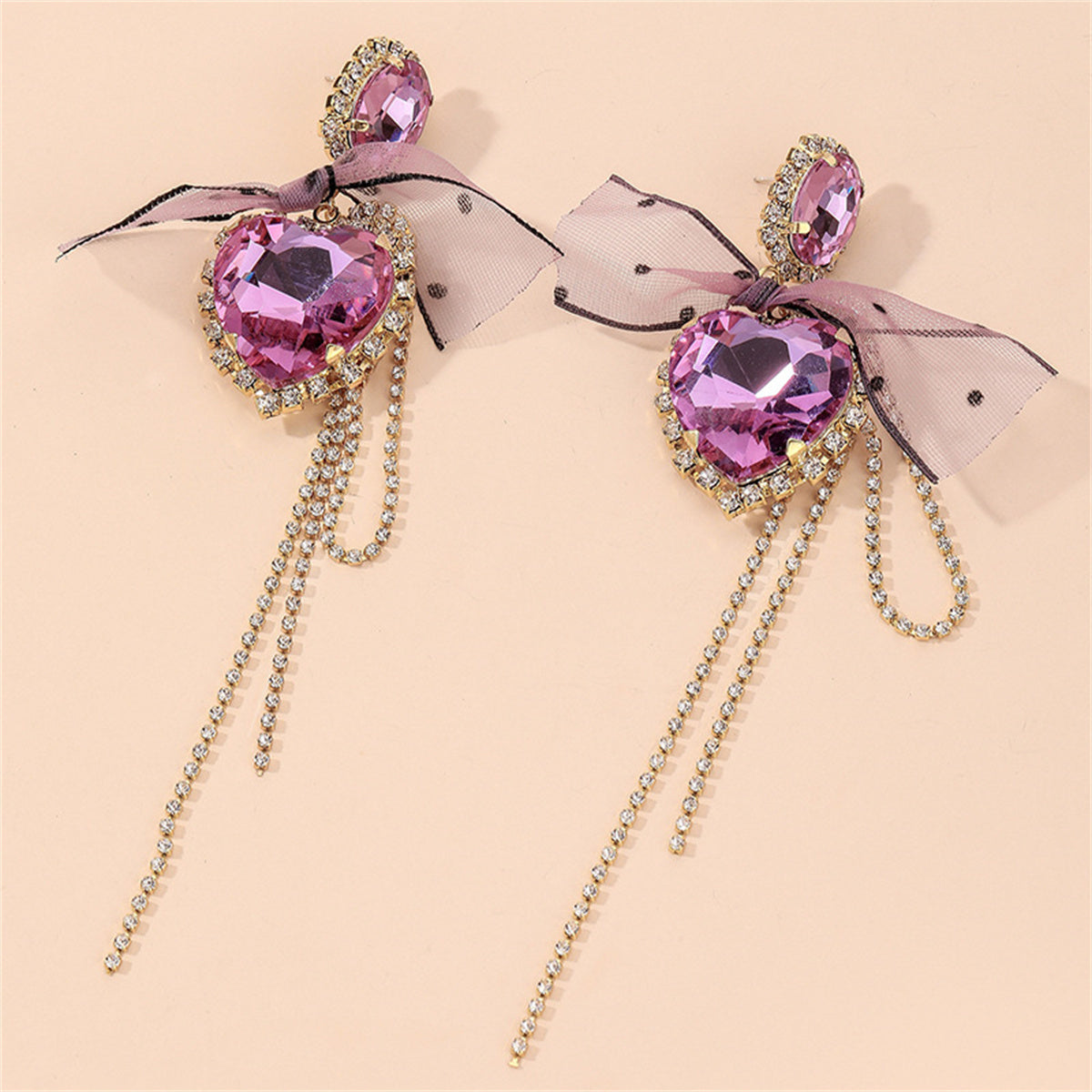 Pink Crystal and Cubic Zirconia Heart Bow Drop Earrings, drop earrings for women, botanical inspired, detail close-up