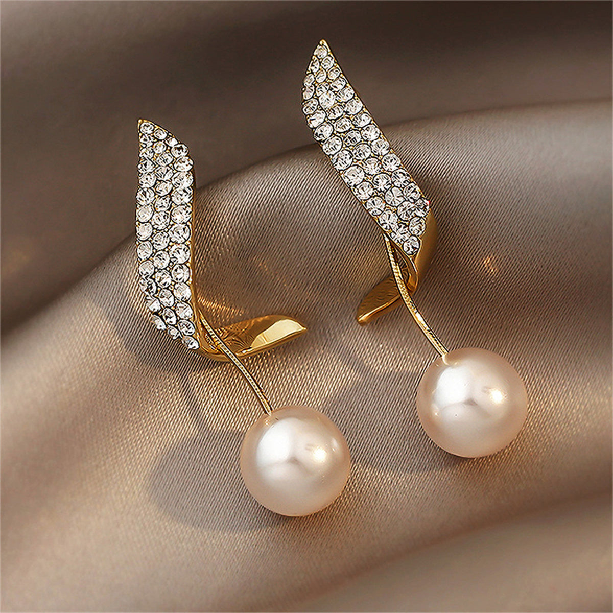 Cubic Zirconia and Pearl Ribbon Ear Jackets, drop earrings for women, dainty minimalist design, side view