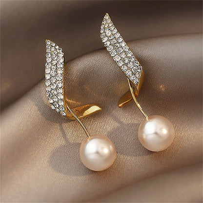 Cubic Zirconia and Pearl Ribbon Ear Jackets, drop earrings for women, dainty minimalist design, side view