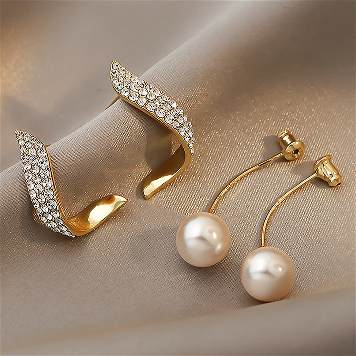 Cubic Zirconia and Pearl Ribbon Ear Jackets, drop earrings for women, dainty minimalist design, detail close-up