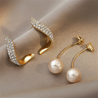 Cubic Zirconia and Pearl Ribbon Ear Jackets, drop earrings for women, dainty minimalist design, detail close-up