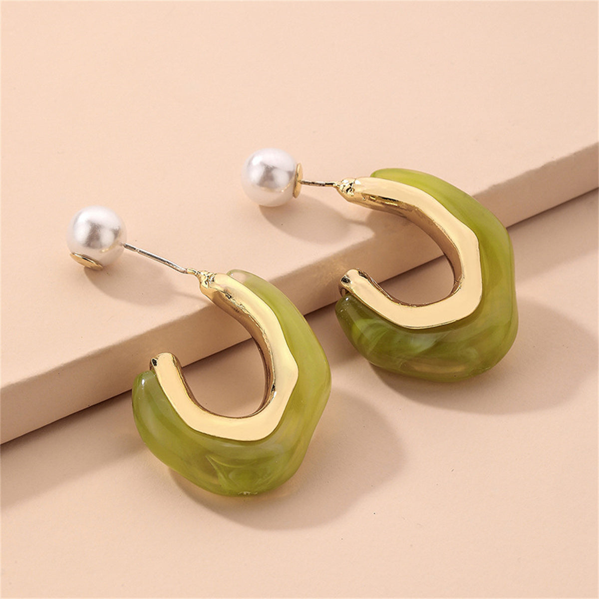 Green and Pearl C-Shape Ear Jackets, drop earrings for women, dainty minimalist design, side view