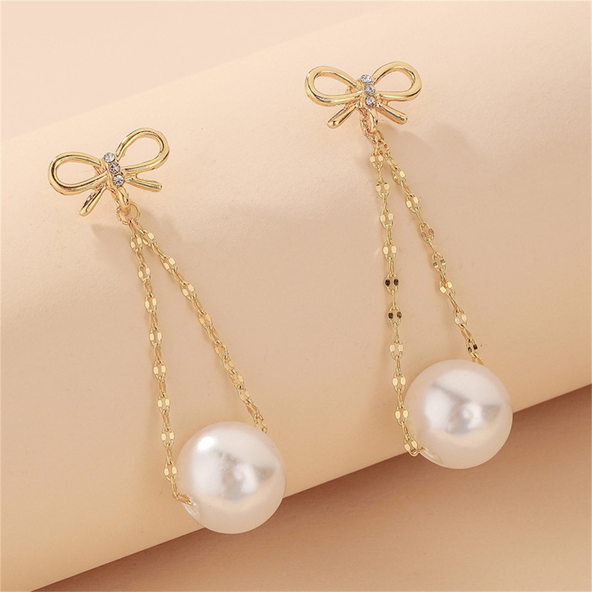 Cubic Zirconia and Pearl 18K Gold-Plated Bow Chain Drop Earrings, gold drop earrings for women, botanical inspired, side view