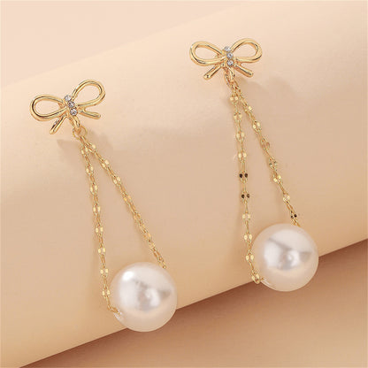 Cubic Zirconia and Pearl 18K Gold-Plated Bow Chain Drop Earrings, gold drop earrings for women, botanical inspired, side view