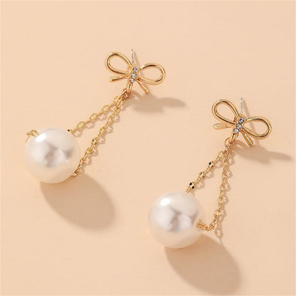 Cubic Zirconia and Pearl 18K Gold-Plated Bow Chain Drop Earrings, gold drop earrings for women, detail close-up