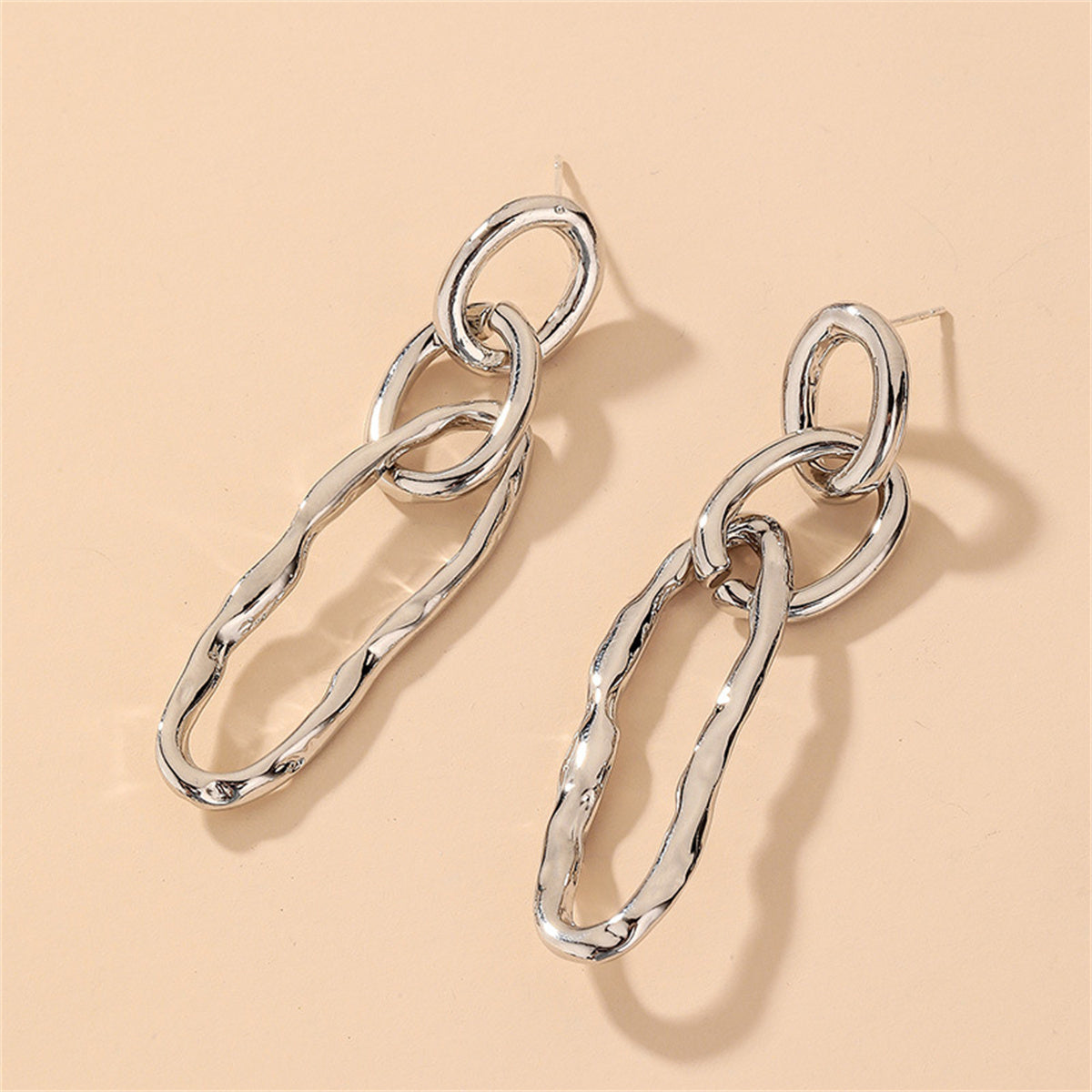 Silver-Plated Chain Drop Earrings, silver drop earrings for women, vintage-inspired design, detail close-up
