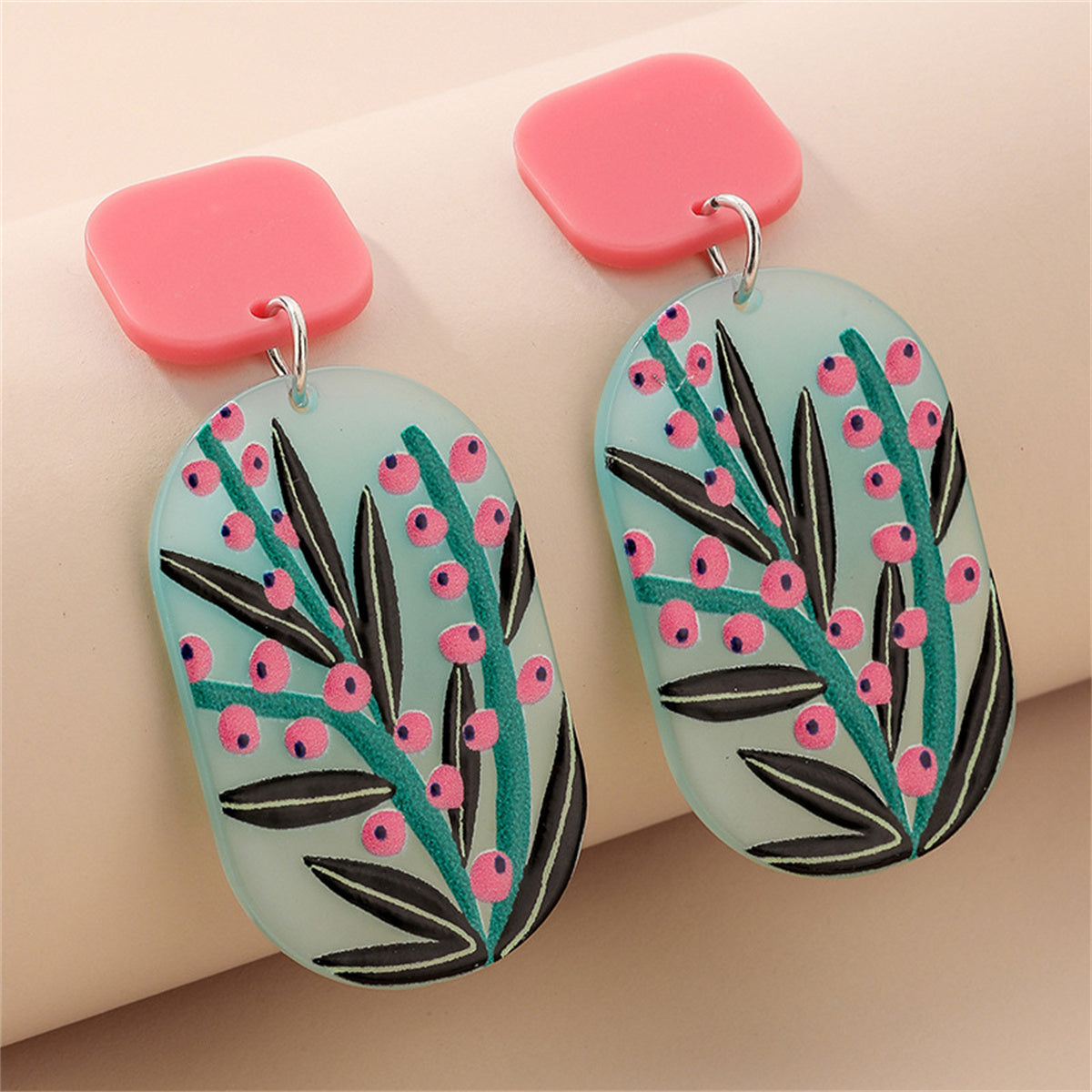 Green and Pink Flower Card Drop Earrings, drop earrings for women, elegant gift for her, front view