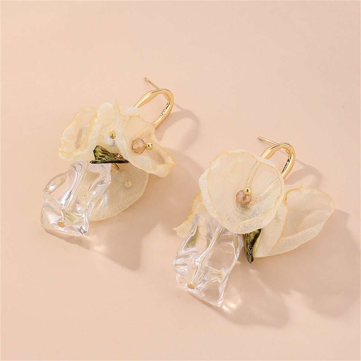 Crystal and Pearl Mesh Leaf Bow Drop Earrings, drop earrings for women, everyday style, detail close-up