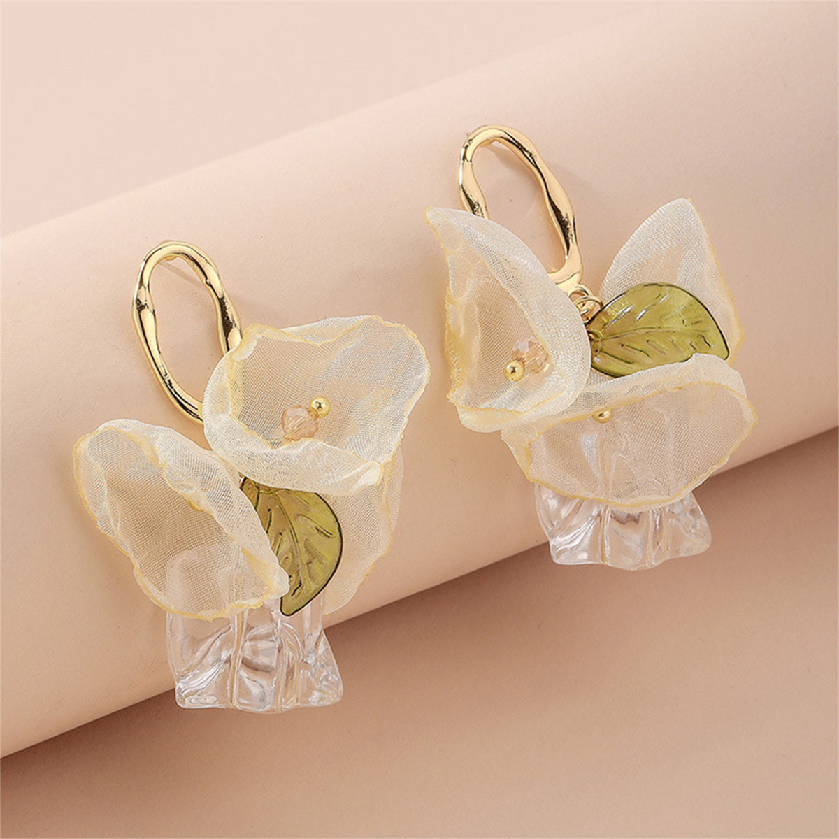 Crystal and Pearl Mesh Leaf Bow Drop Earrings, drop earrings for women, everyday style, side view