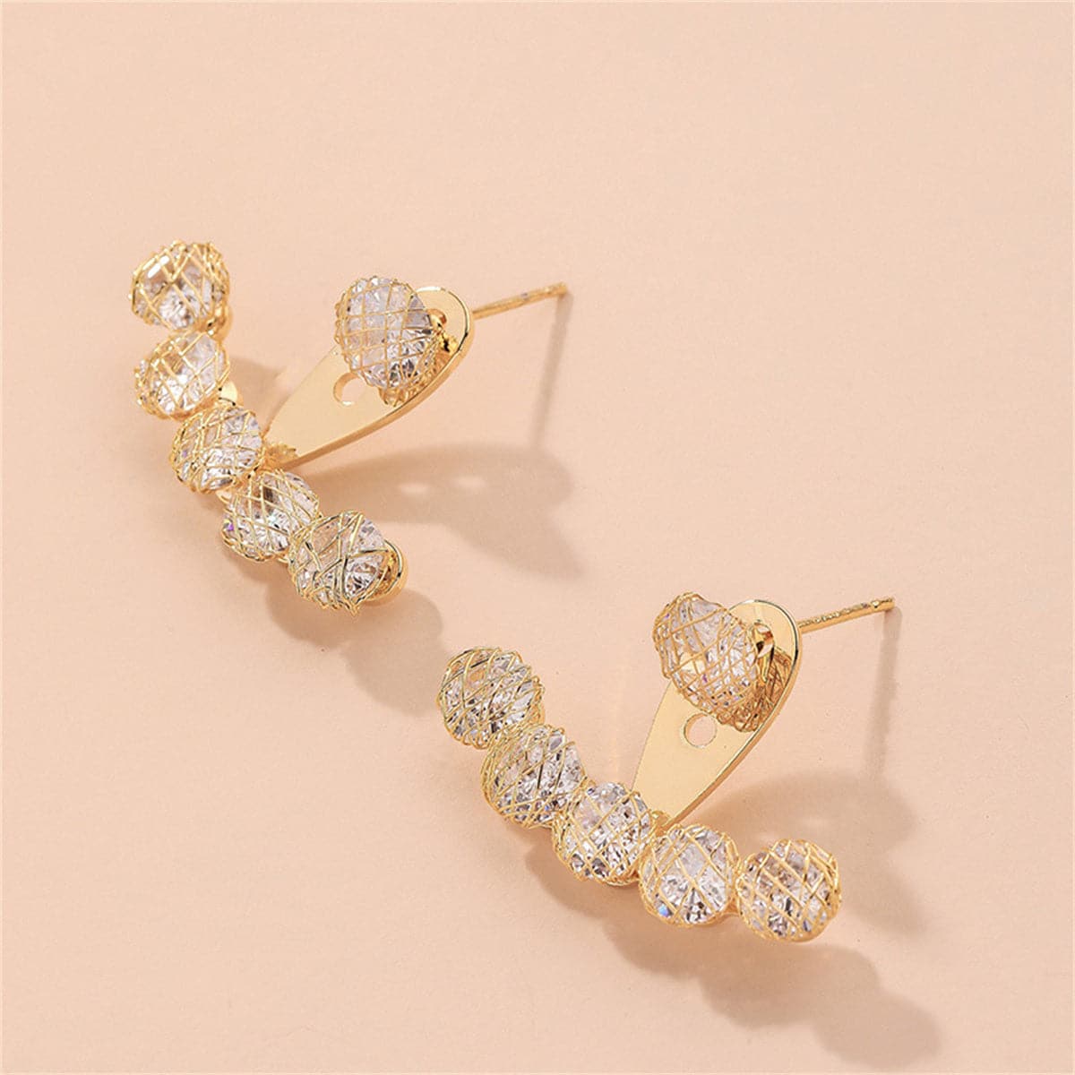 Cubic Zirconia and 18K Gold-Plated Nets Round Ear Jackets, gold drop earrings for women, elegant gift for her, side view