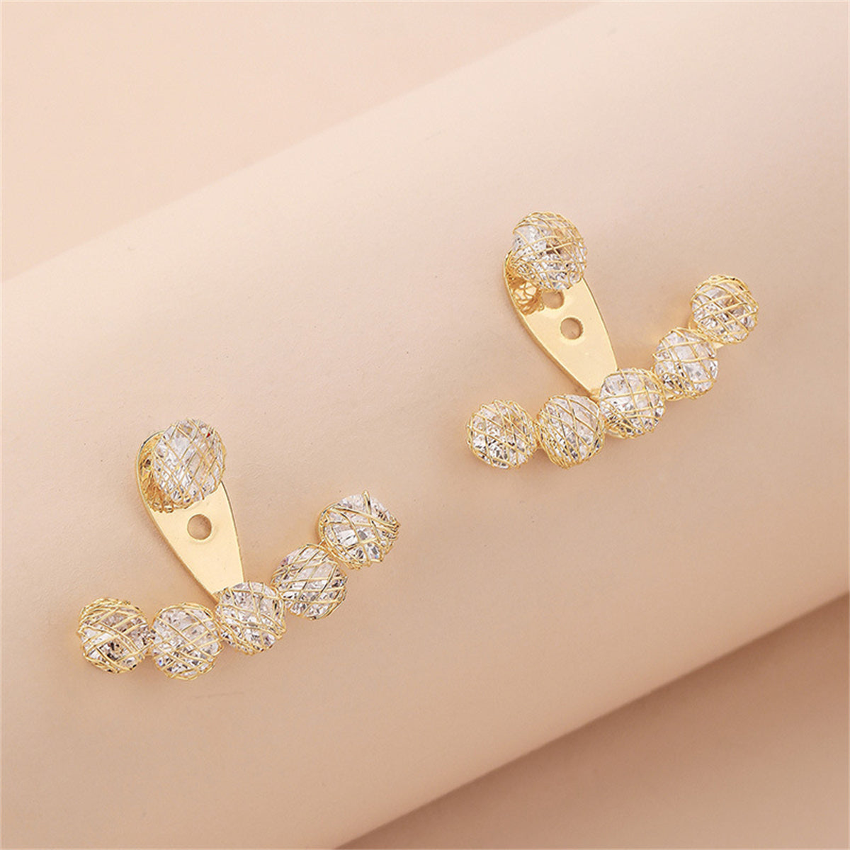 Cubic Zirconia and 18K Gold-Plated Nets Round Ear Jackets, gold drop earrings for women, detail close-up