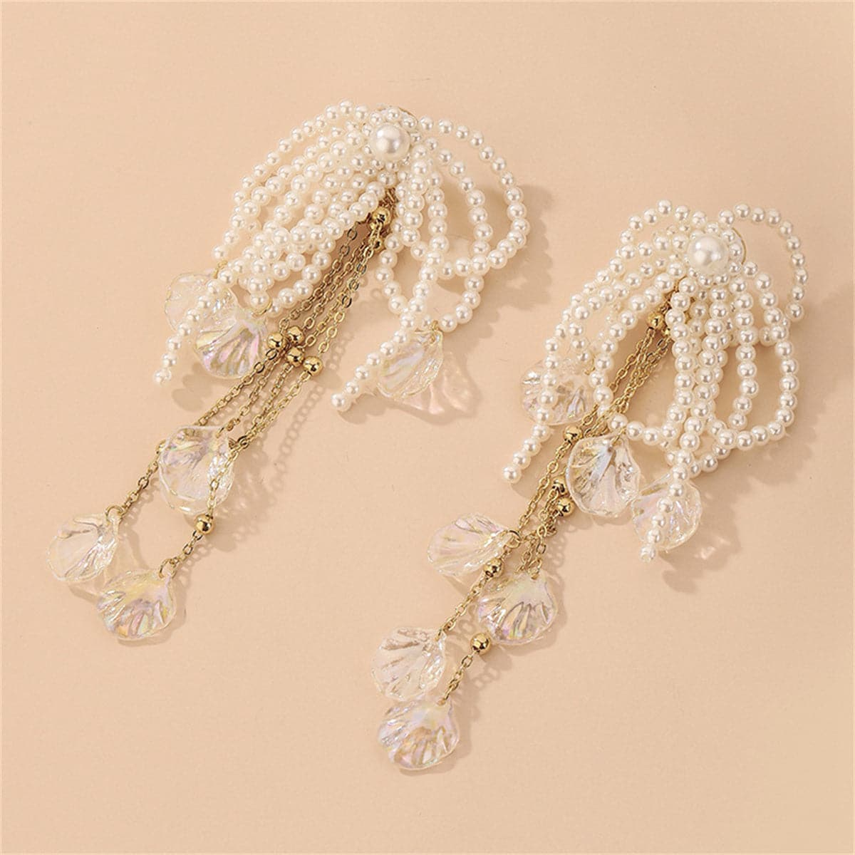 White Pearl and Acrylic 18K Gold-Plated Leaf Tassel Drop Earrings, gold drop earrings for women, front view