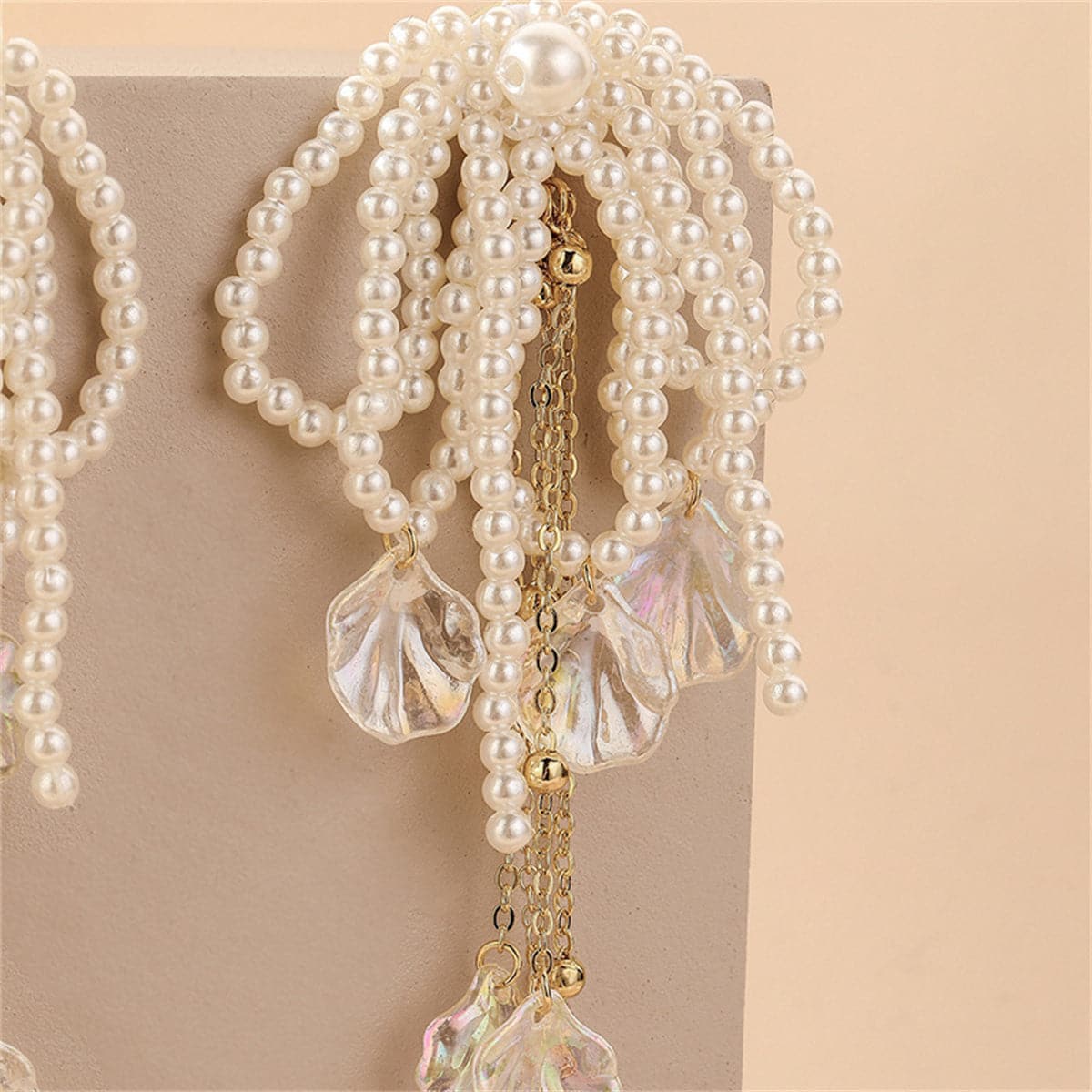 White Pearl and Acrylic 18K Gold-Plated Leaf Tassel Drop Earrings, gold drop earrings for women, detail close-up