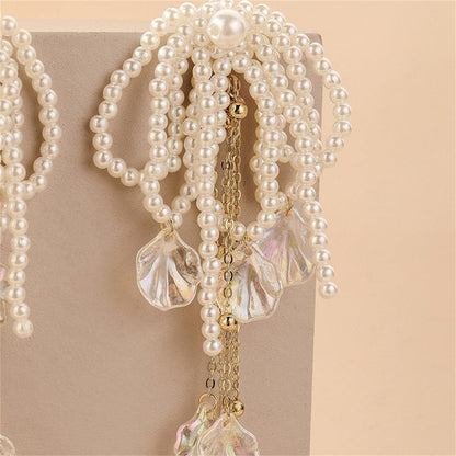 White Pearl and Acrylic 18K Gold-Plated Leaf Tassel Drop Earrings, gold drop earrings for women, detail close-up