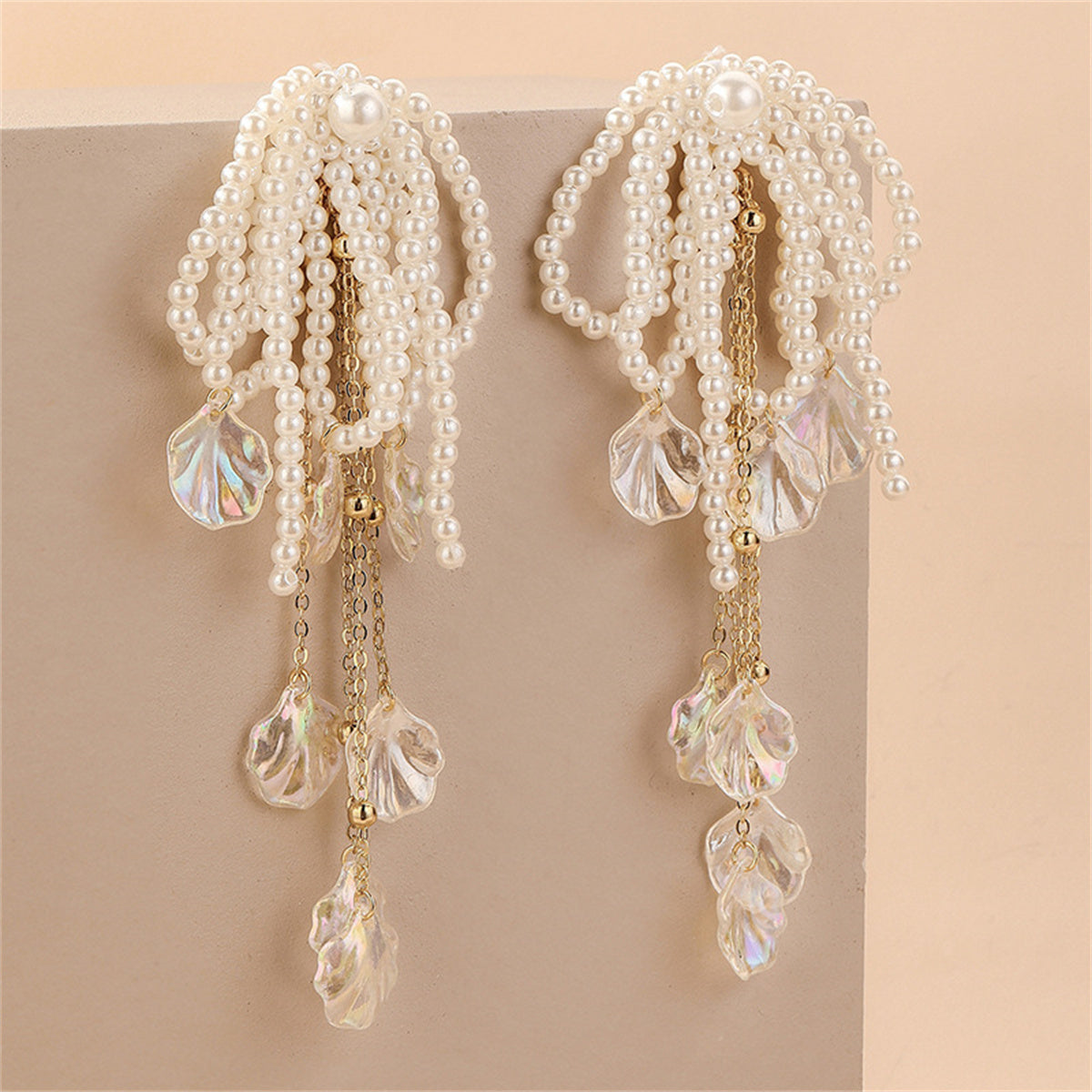 White Pearl and Acrylic 18K Gold-Plated Leaf Tassel Drop Earrings, gold drop earrings for women, side view