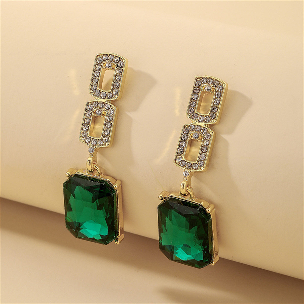 Cubic Zirconia and Green Crystal 18K Gold-Plated Square Drop Earrings, gold drop earrings for women, front view