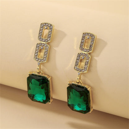 Cubic Zirconia and Green Crystal 18K Gold-Plated Square Drop Earrings, gold drop earrings for women, front view