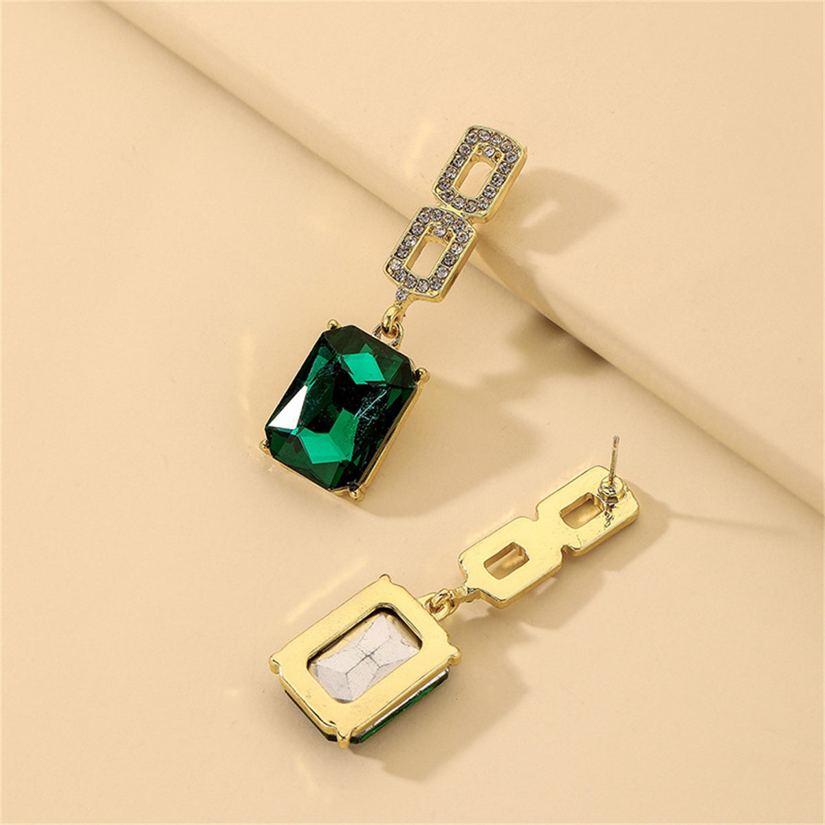 Cubic Zirconia and Green Crystal 18K Gold-Plated Square Drop Earrings, gold drop earrings for women, detail close-up