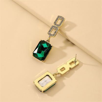 Cubic Zirconia and Green Crystal 18K Gold-Plated Square Drop Earrings, gold drop earrings for women, detail close-up
