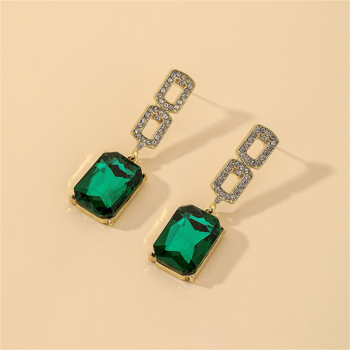 Cubic Zirconia and Green Crystal 18K Gold-Plated Square Drop Earrings, gold drop earrings for women, side view