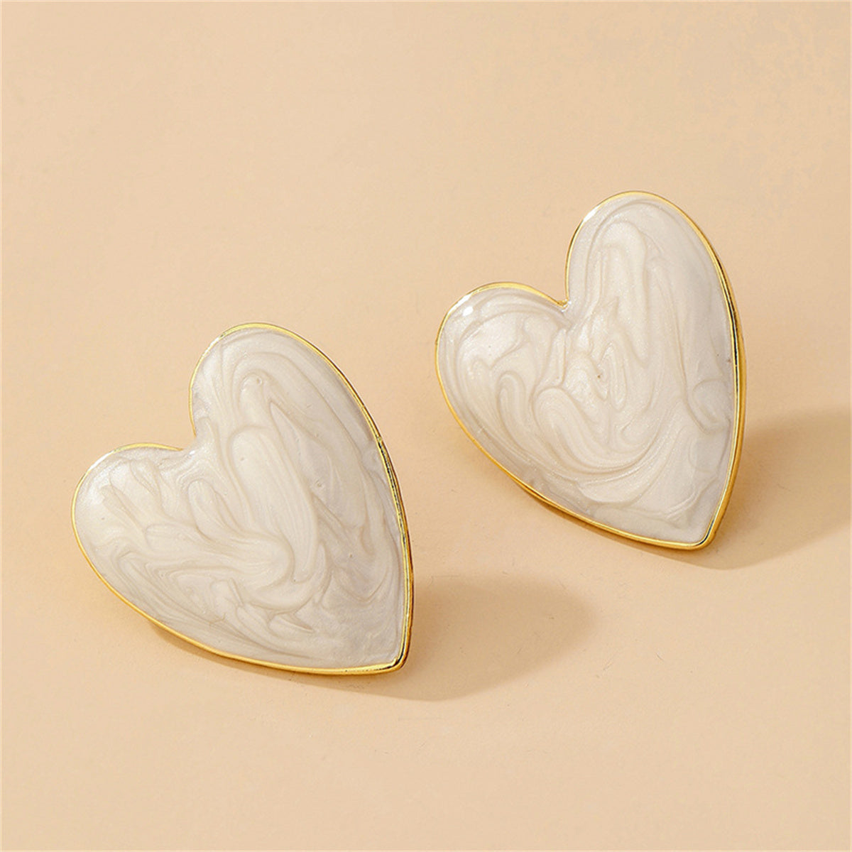 Enamel and 18K Gold-Plated Heart Stud Earrings, gold stud earrings for women, elegant gift for her, detail close-up