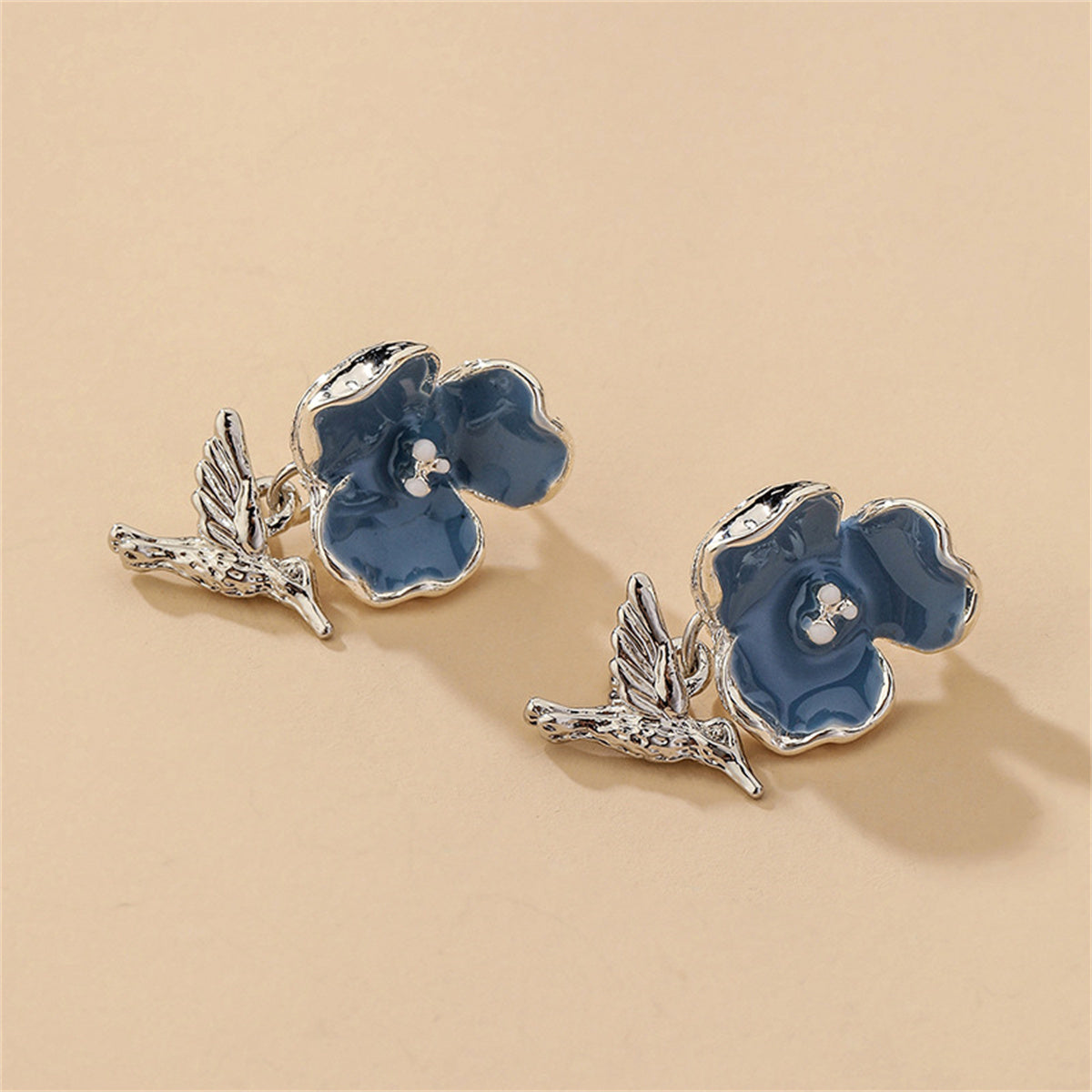 Blue Enamel and Silver-Plated Flower and Hummingbird Drop Earrings, silver drop earrings for women, detail close-up
