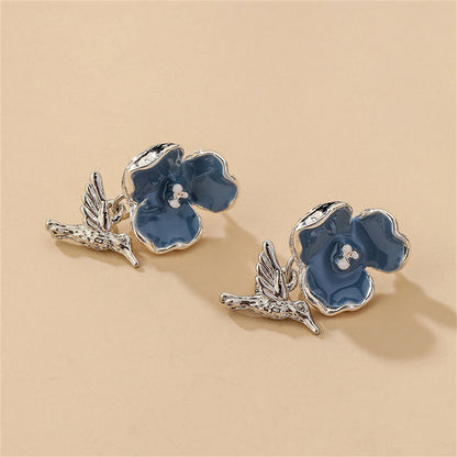 Blue Enamel and Silver-Plated Flower and Hummingbird Drop Earrings, silver drop earrings for women, detail close-up