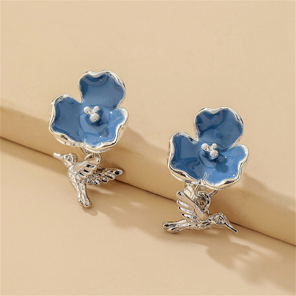 Blue Enamel and Silver-Plated Flower and Hummingbird Drop Earrings, silver drop earrings for women, side view
