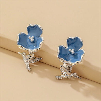 Blue Enamel and Silver-Plated Flower and Hummingbird Drop Earrings, silver drop earrings for women, side view