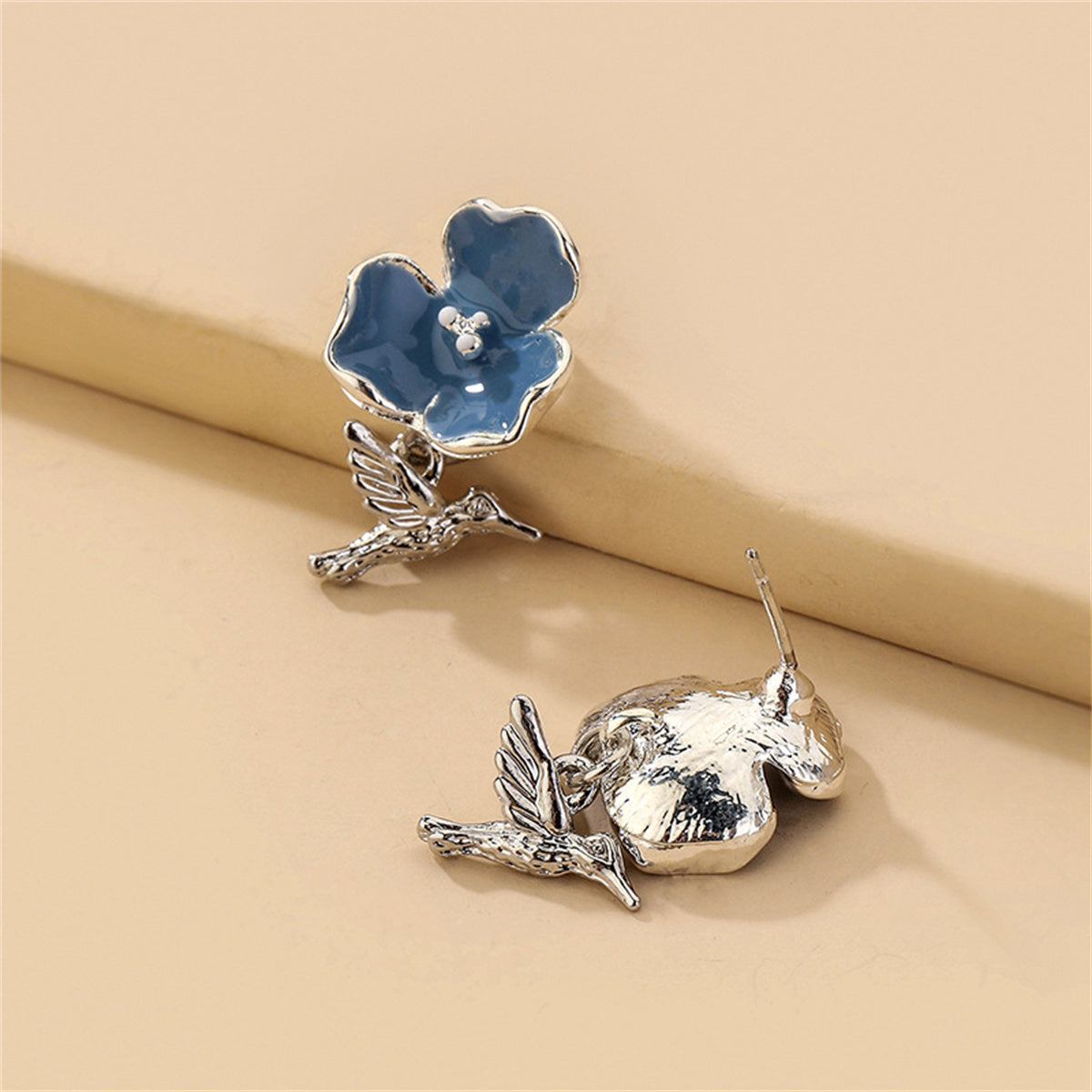 Blue Enamel and Silver-Plated Flower and Hummingbird Drop Earrings, silver drop earrings for women, lifestyle look