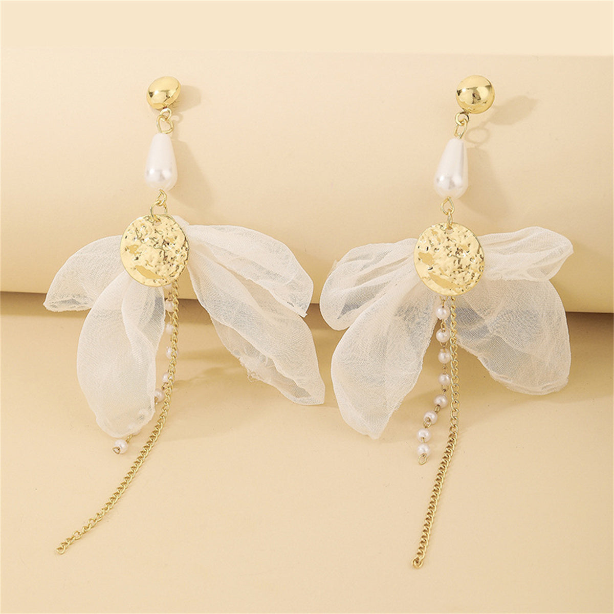 Pearl and Mesh 18K Gold-Plated Coin Bow Drop Earrings, gold drop earrings for women, detail close-up