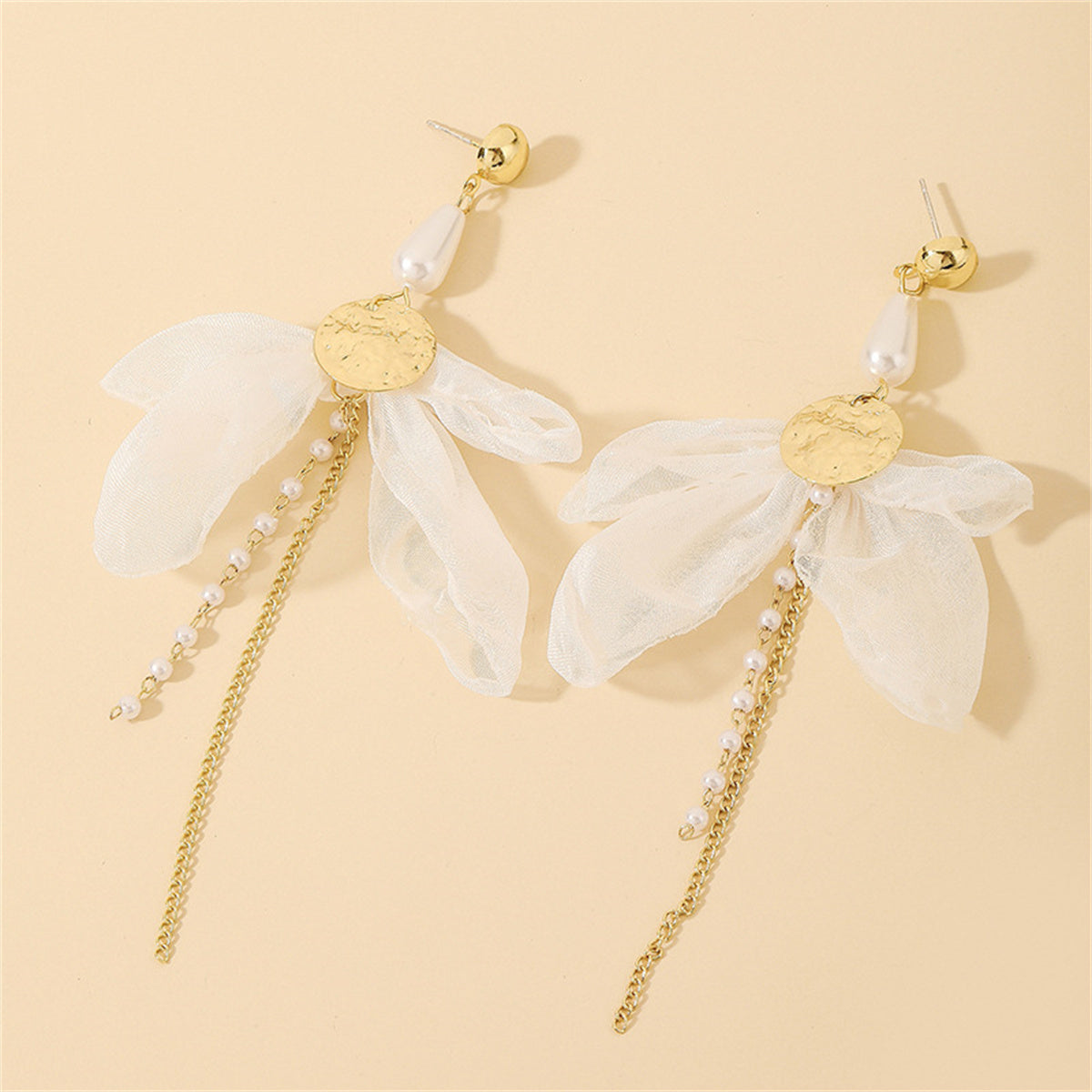 Pearl and Mesh 18K Gold-Plated Coin Bow Drop Earrings, gold drop earrings for women, dainty minimalist design, lifestyle look