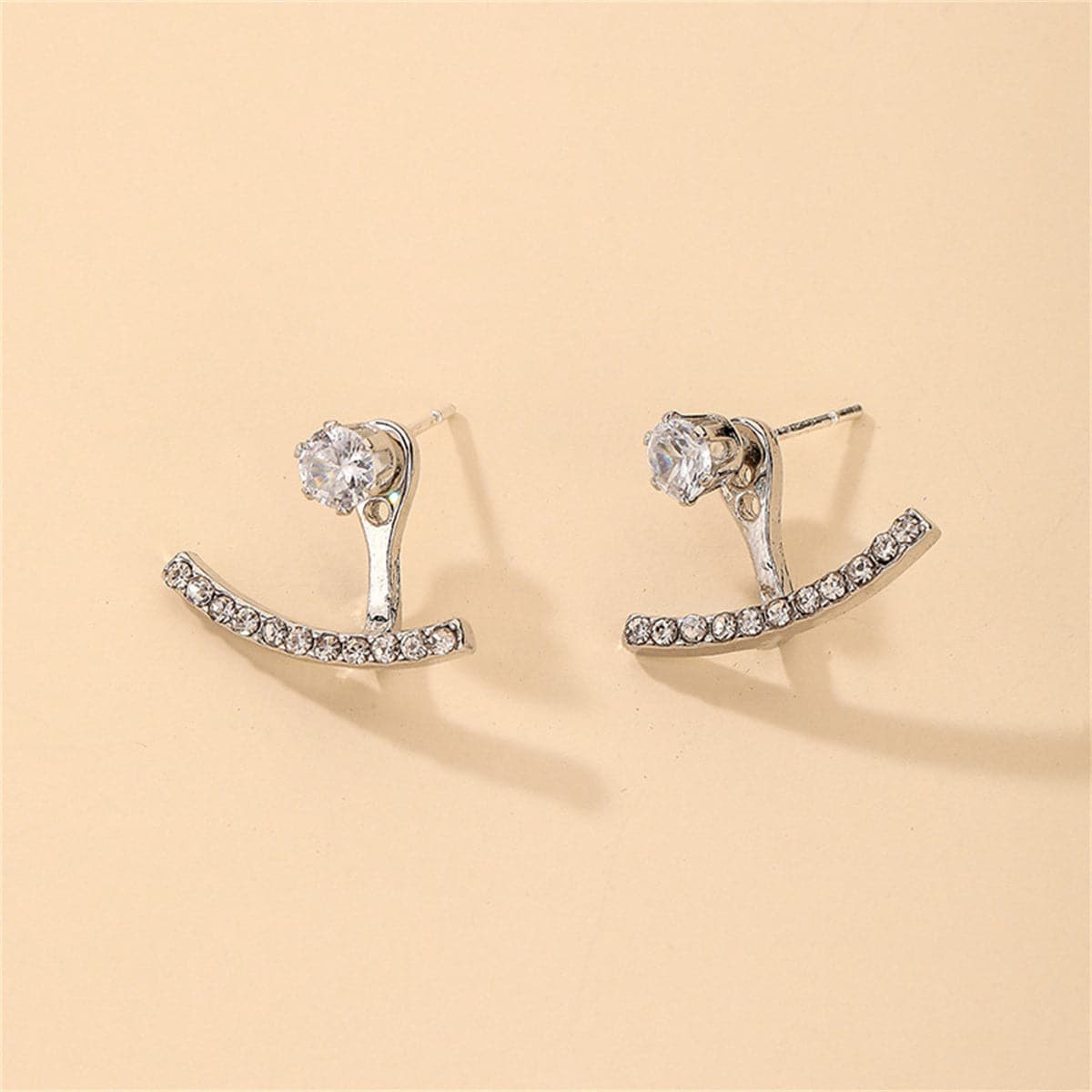 Cubic Zirconia and Silver-Plated T-Shaped Ear Jackets, silver drop earrings for women, botanical inspired, side view
