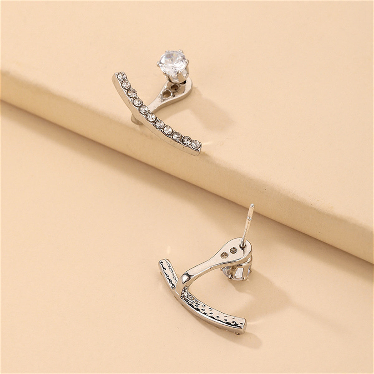 Cubic Zirconia and Silver-Plated T-Shaped Ear Jackets, silver drop earrings for women, botanical inspired, detail close-up