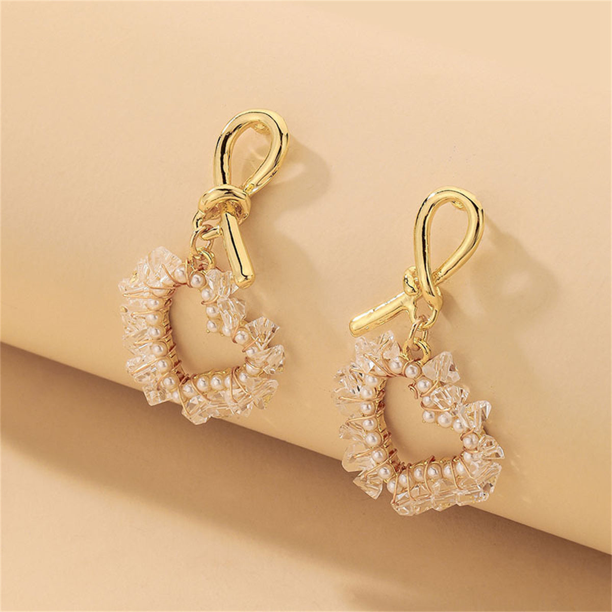 White Pearl and Acrylic 18K Gold-Plated Heart Drop Earrings, gold drop earrings for women, elegant gift for her, front view
