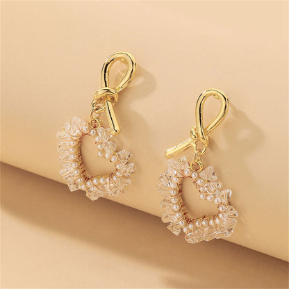 White Pearl and Acrylic 18K Gold-Plated Heart Drop Earrings, gold drop earrings for women, elegant gift for her, front view