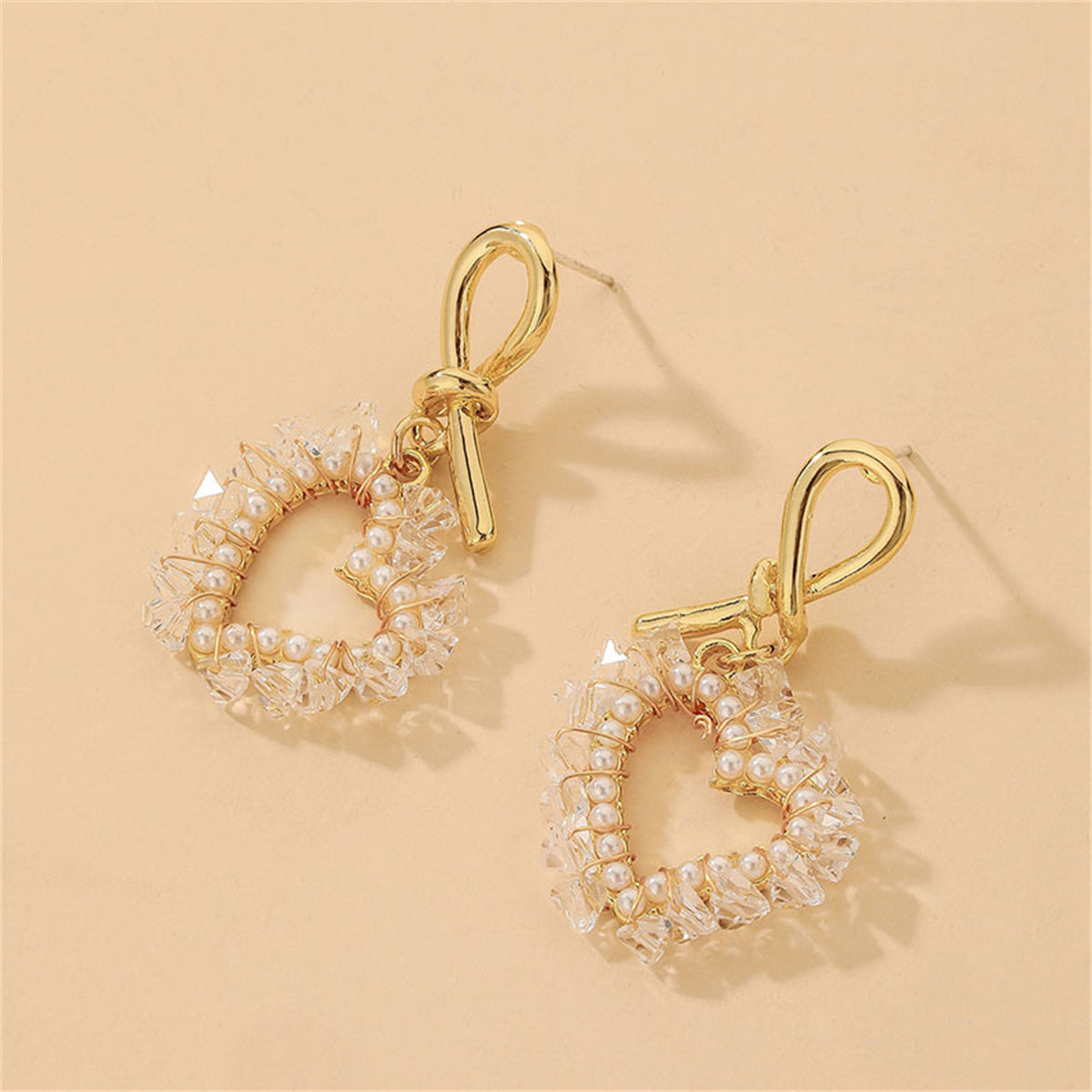 White Pearl and Acrylic 18K Gold-Plated Heart Drop Earrings, gold drop earrings for women, detail close-up