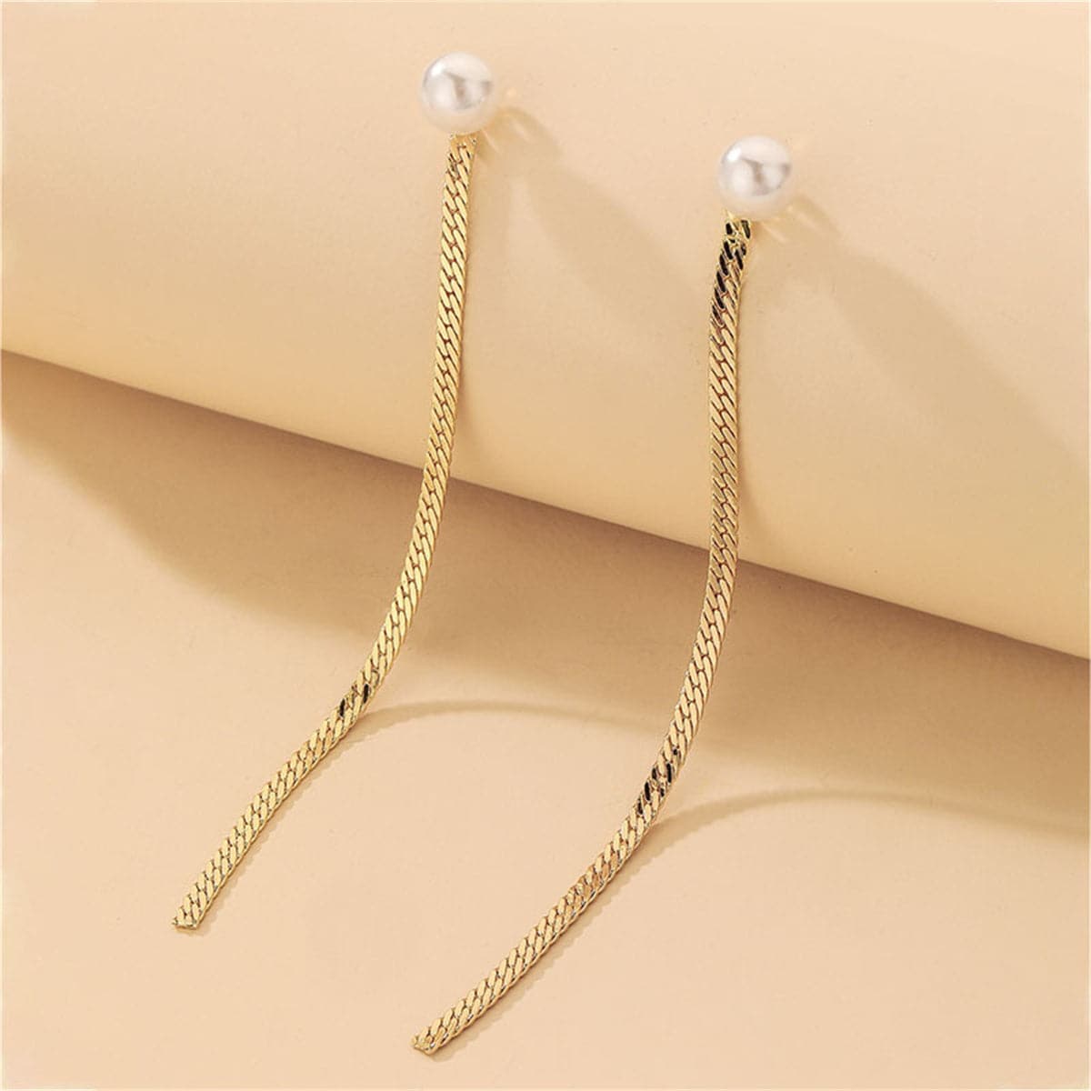 Pearl and 18K Gold-Plated Mesh Chain Ear Jackets, gold drop earrings for women, vintage-inspired design, front view